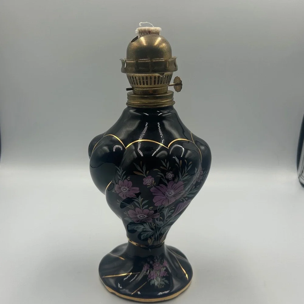 Armaga Japan Vintage Ceramic Oil Lamp Floral Gold Gilt Black Blue 527 96 32